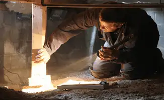 A professional inspecting wooden beams under the floor of a structure in Riverside, CA